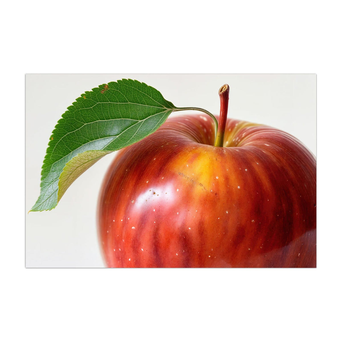 Küchenrückwand aus Glas Roter Apfel mit Blatt im Hochformat, Motiv bildfüllend von vorn