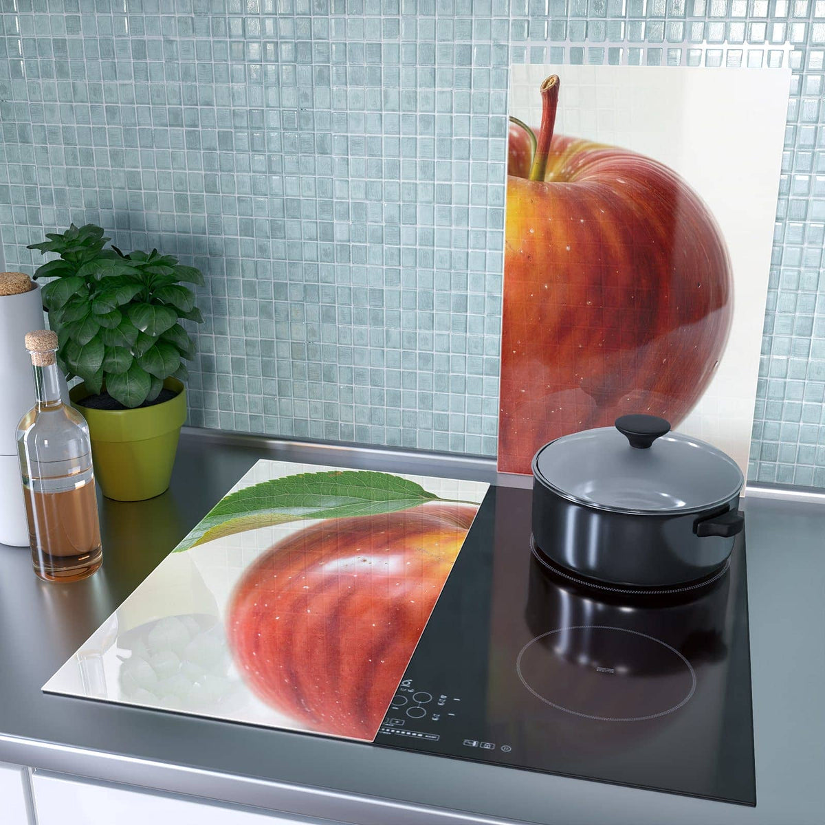 2-teilige Herdabdeckplatten für Ceranfeld mit Roter Apfel Mit Blatt-Motiv als Spritzschutz hinter dem Kochfeld
