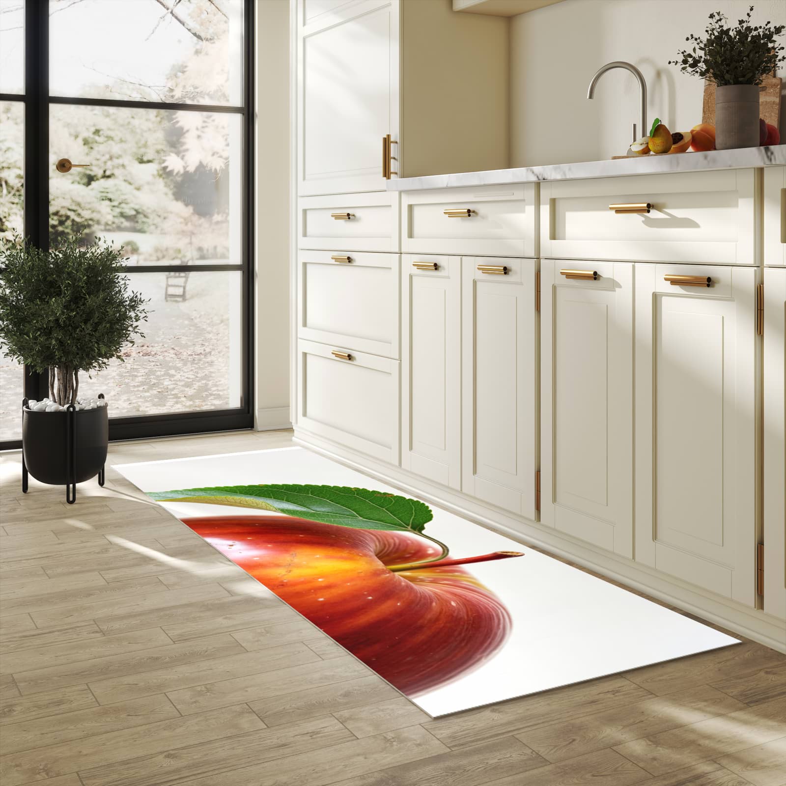 Zeitsparender Küchenteppich mit Motiv Roter Apfel Mit Blatt in heller Küche - leicht waschbar