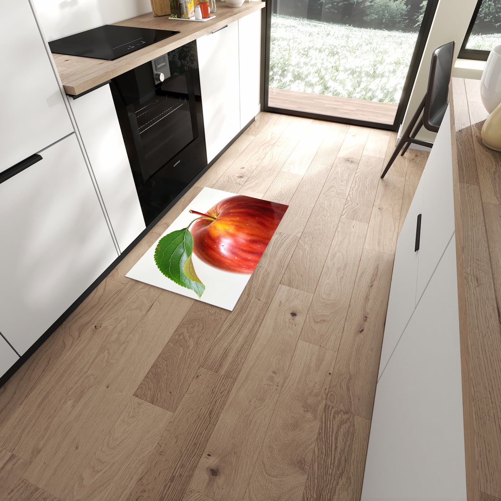 Langlebiger Küchenteppich mit Motiv Roter Apfel Mit Blatt in moderner Küche