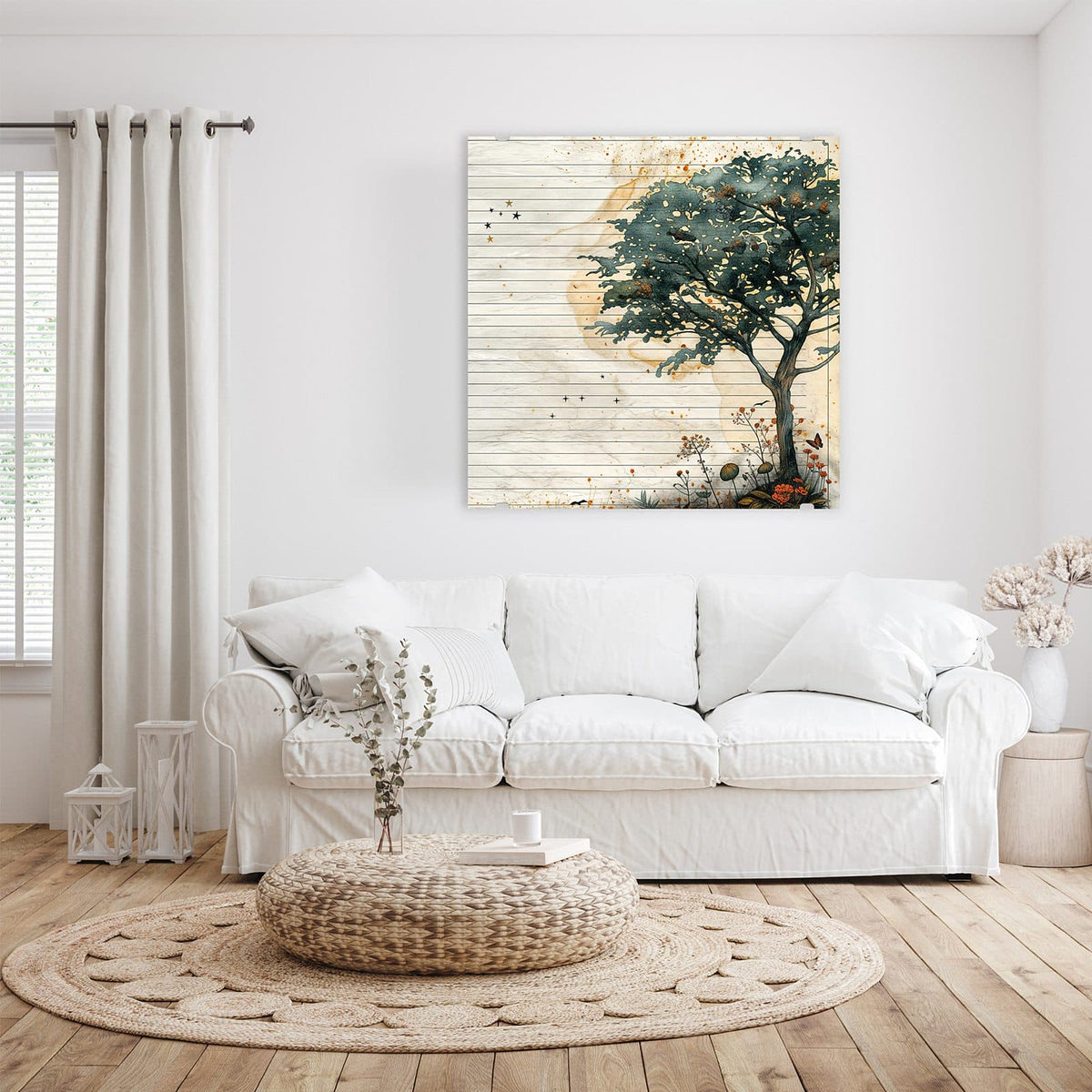 Gemalter Baum mit Blumen und Schmetterling auf liniertem, fleckigem Altpapier mit goldenen Sternen