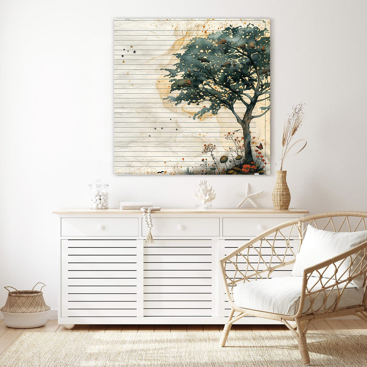 Glasbild Baum auf Papier an der Wand – Gemalter Baum mit Blumen und Schmetterling auf liniertem, fleckigem Altpapier mit goldenen Sternen