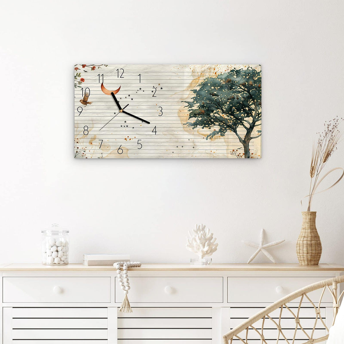 Wanduhr Natur Notizblock aus Glas – Querformat 60 × 30 cm – Baum mit Eule auf Papier