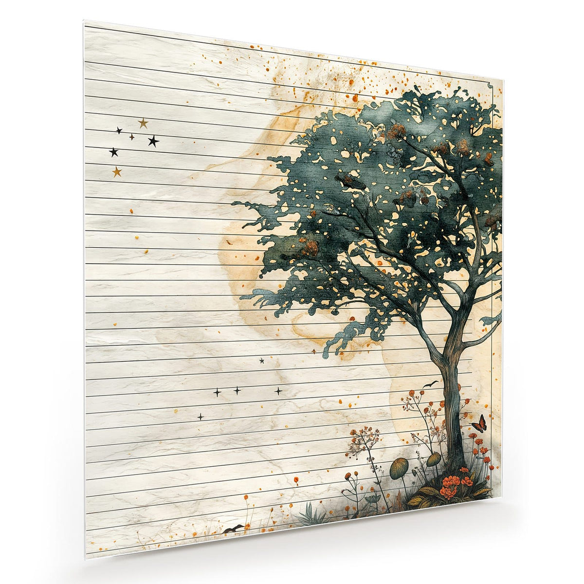Gemalter Baum mit Blumen und Schmetterling auf liniertem, fleckigem Altpapier mit goldenen Sternen