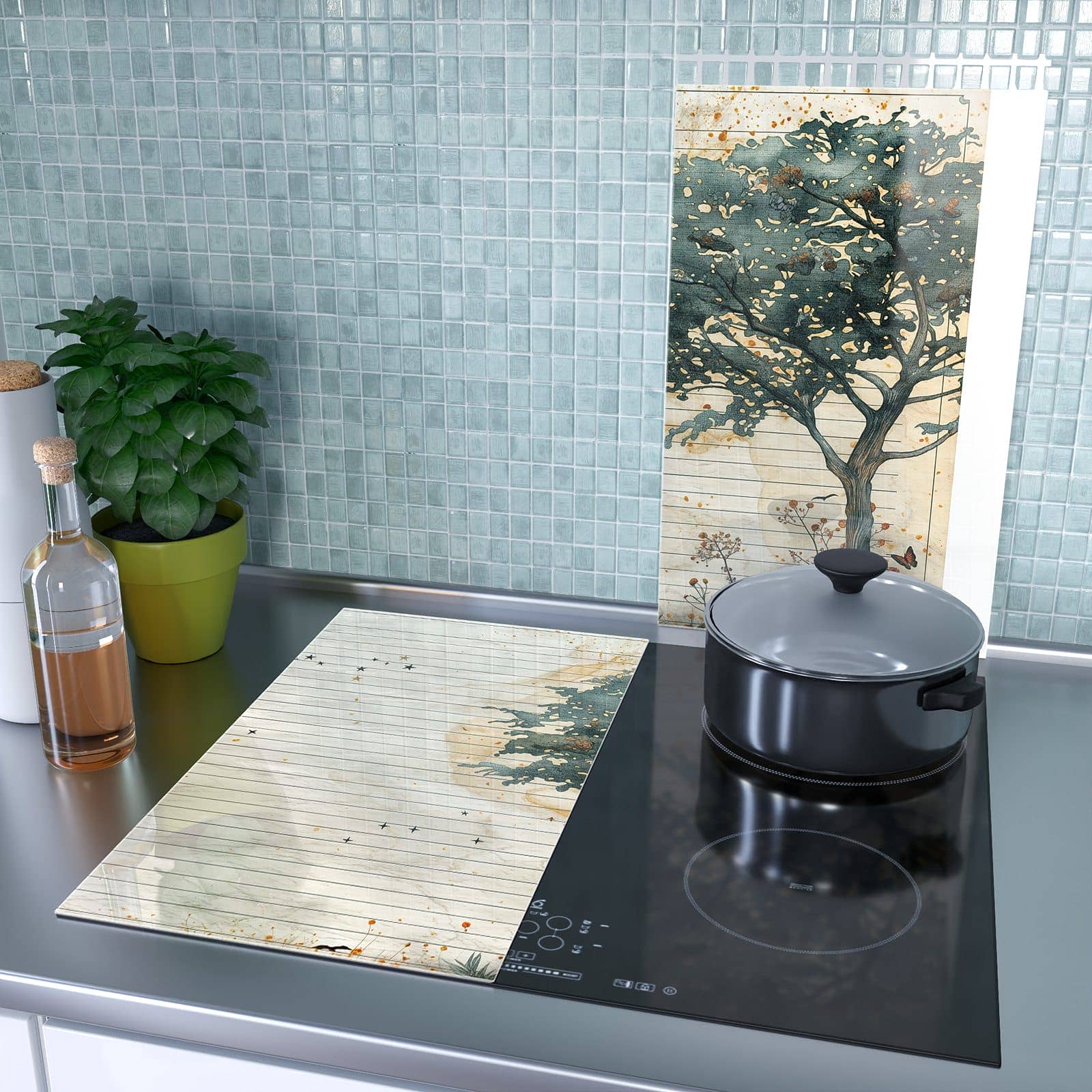 2-teilige Herdabdeckplatte mit Natur Notizblock-Motiv als Spritzschutz hinter dem Kochfeld