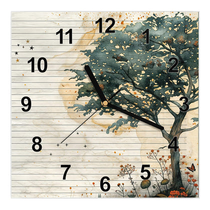 Wanduhr Quadratisch mit dem Motiv Baum auf Papier