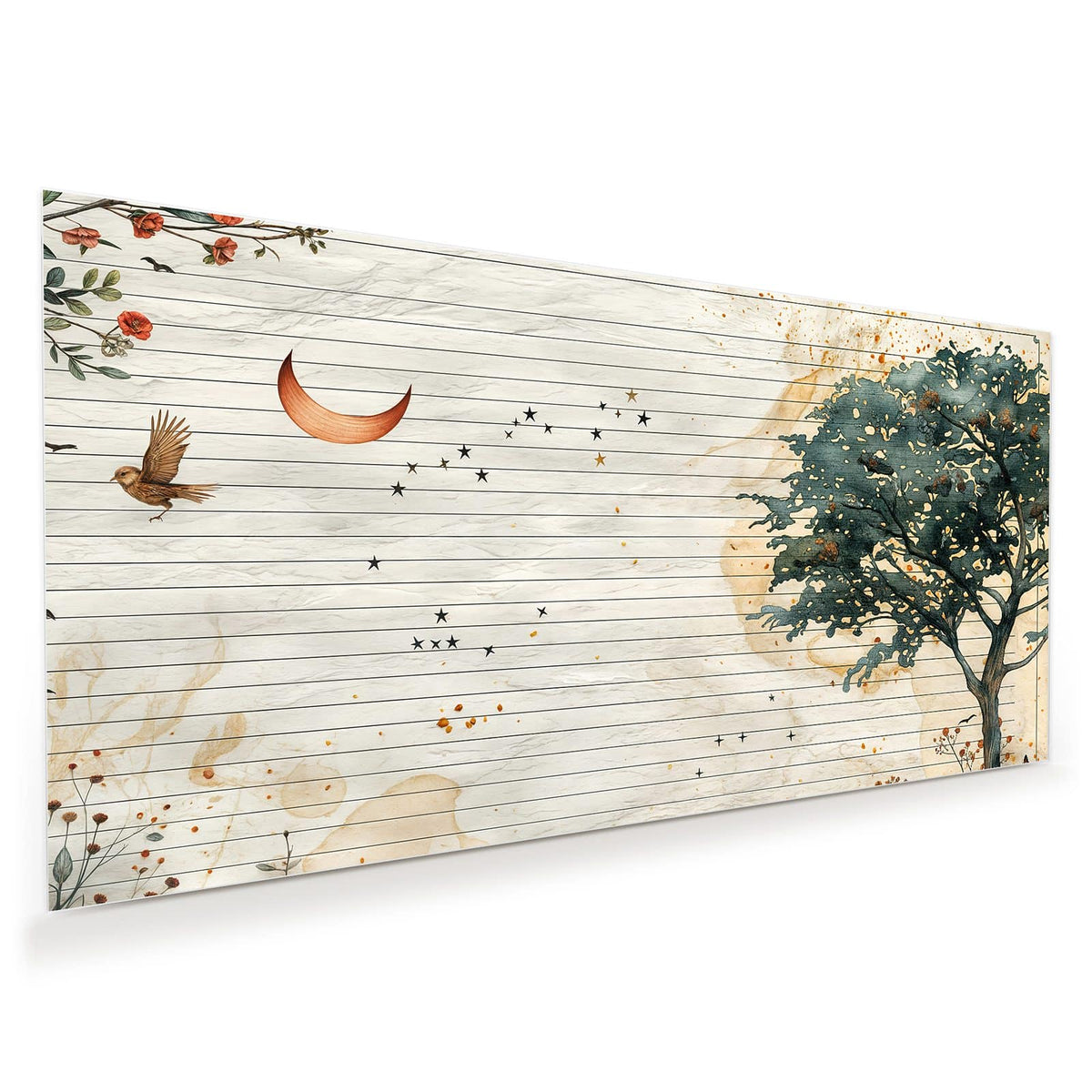 Gemalter Baum mit Blumen und Schmetterling auf liniertem, fleckigem Altpapier mit goldenen Sternen