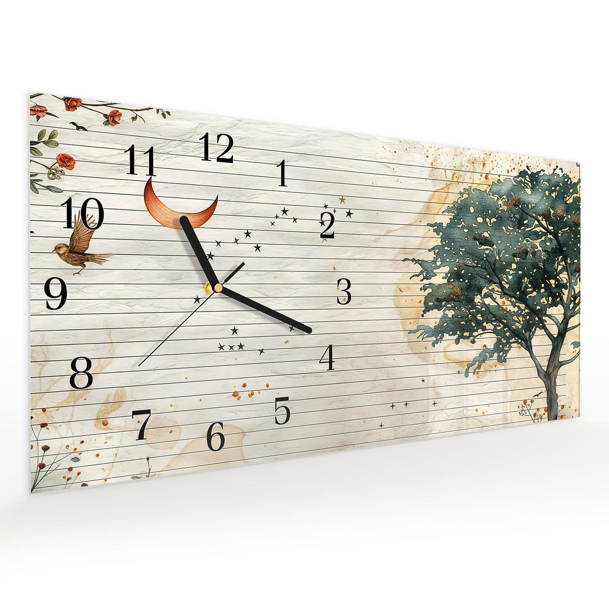 Vormontiert – mit Schwebeeffekt – Wanduhr Natur Notizblock aus Glas – Querformat 60 × 30 cm