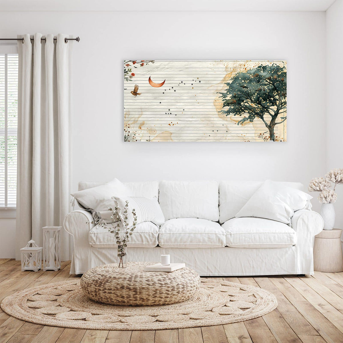 Wandbild - Baum auf Papier - Querformat – Baum und Blumen auf Altpapier