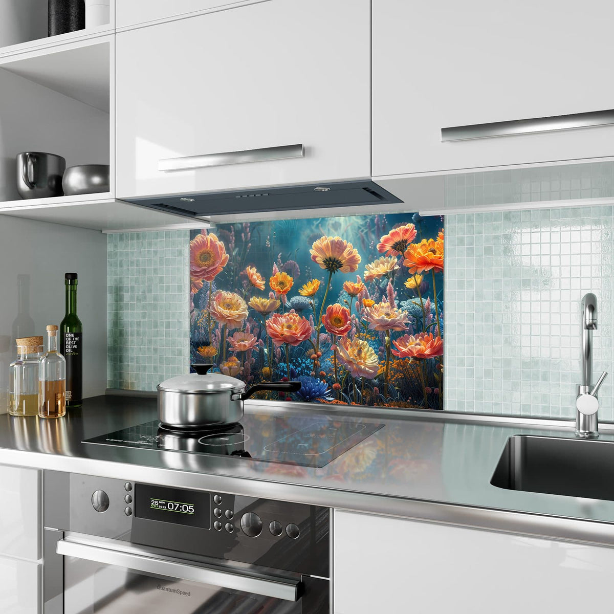 Küchenrückwand aus Glas Bunte Blütenwiese im Hochformat als Spritzschutz hinter dem Kochfeld, über dem Fliesenspiegel montiert