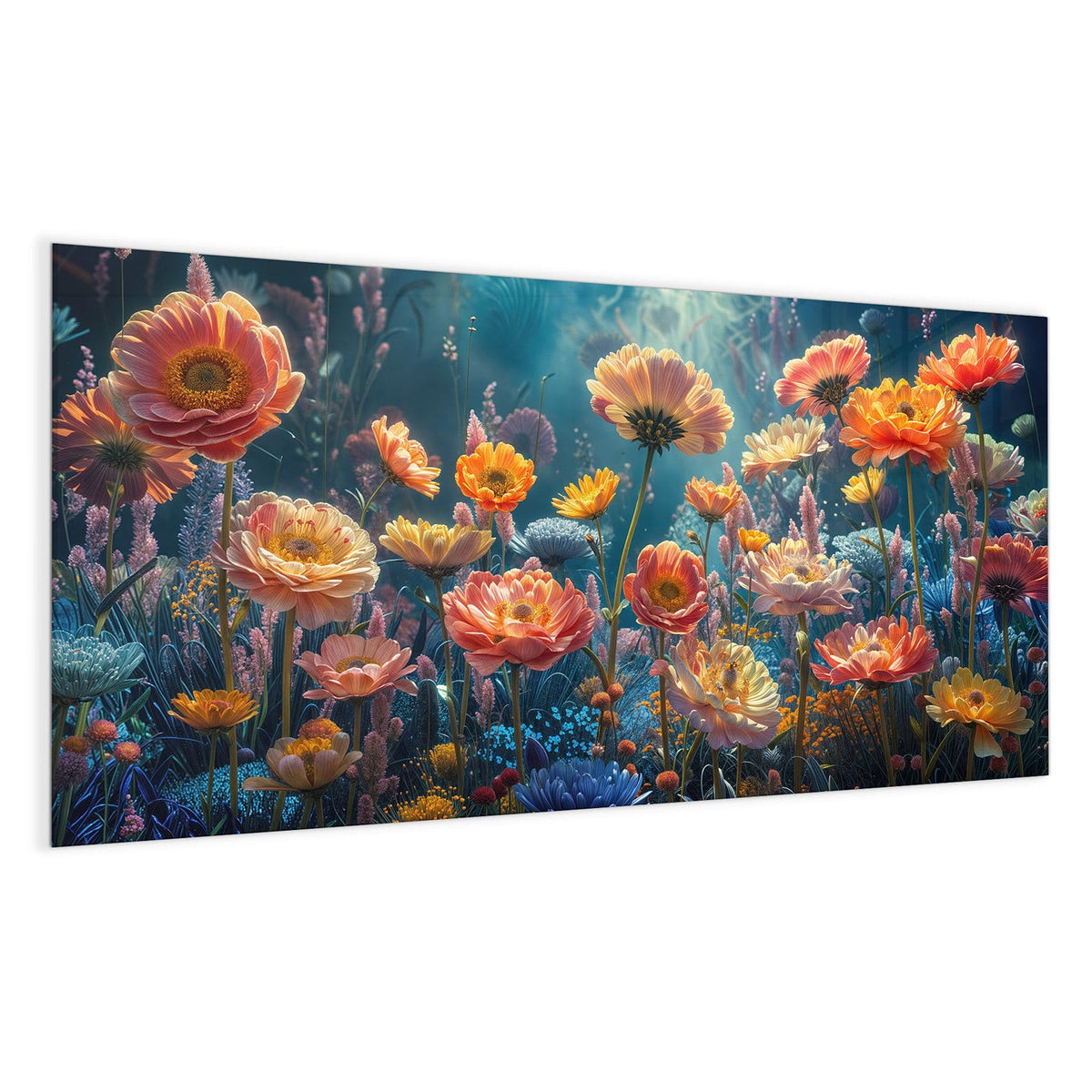 Dicht gemaltes Blumenbeet in Orange, Rosa, Gelb und Blau vor dunkelblauem Grund.