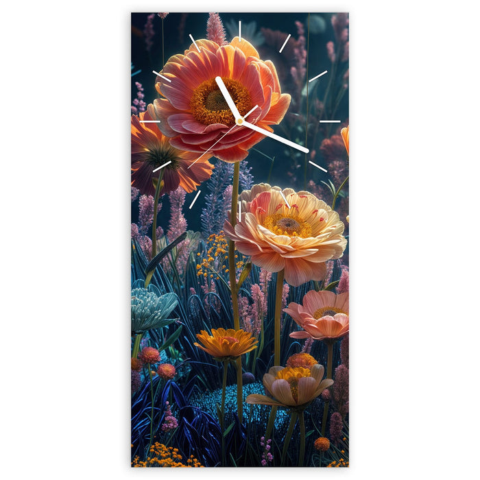 Wanduhr Blumengarten aus Glas – Hochformat 30 × 60 cm mit Ziffernblatt Linie