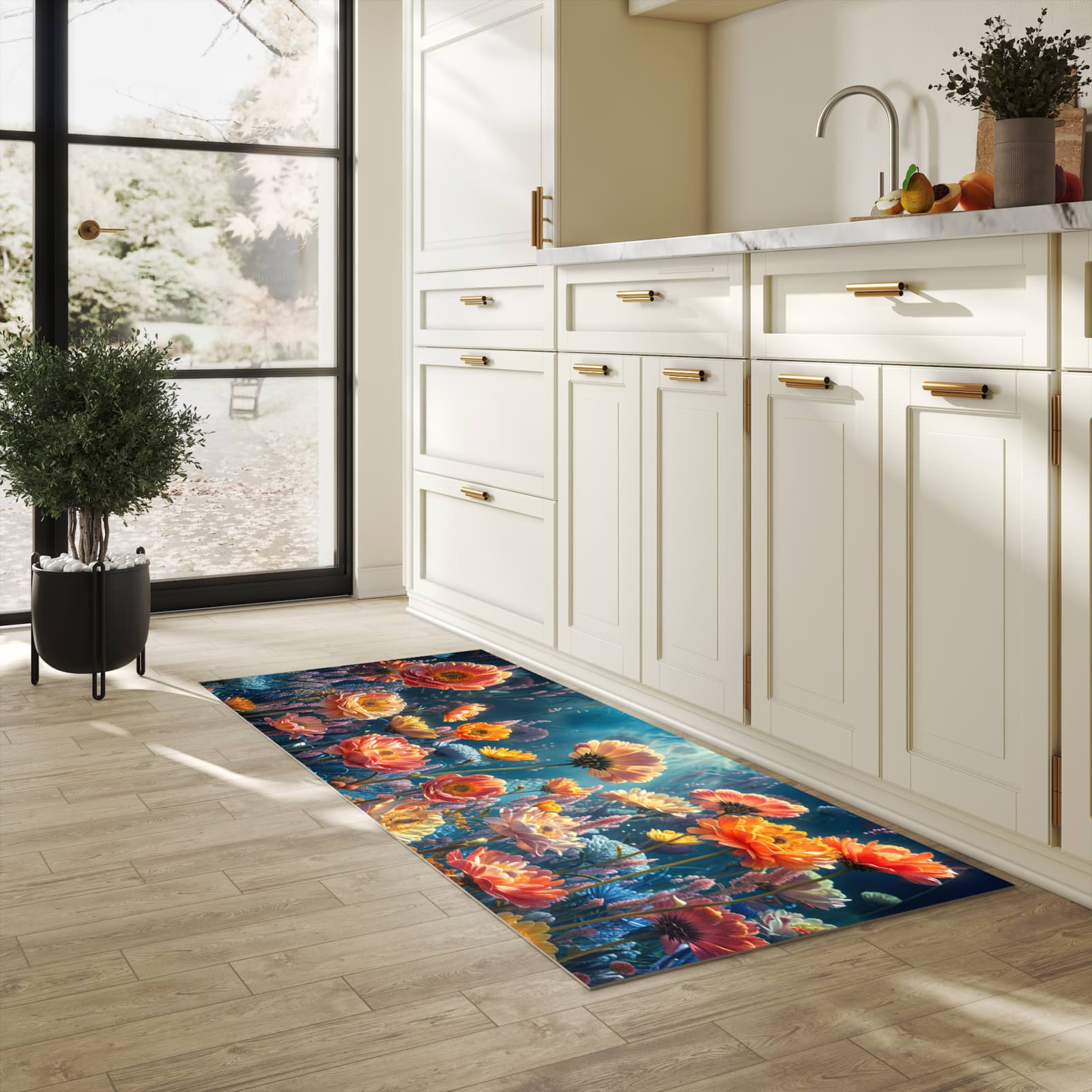 Rutschfester Küchenteppich mit Motiv Blumengarten in heller Küche
