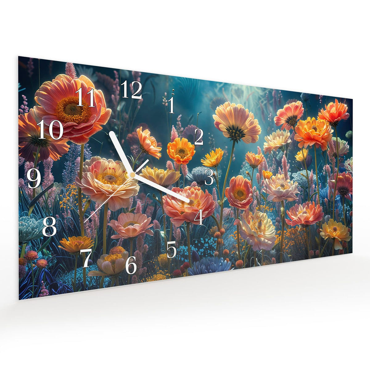 Vormontiert – mit Schwebeeffekt – Wanduhr Blumengarten aus Glas – Querformat 60 × 30 cm