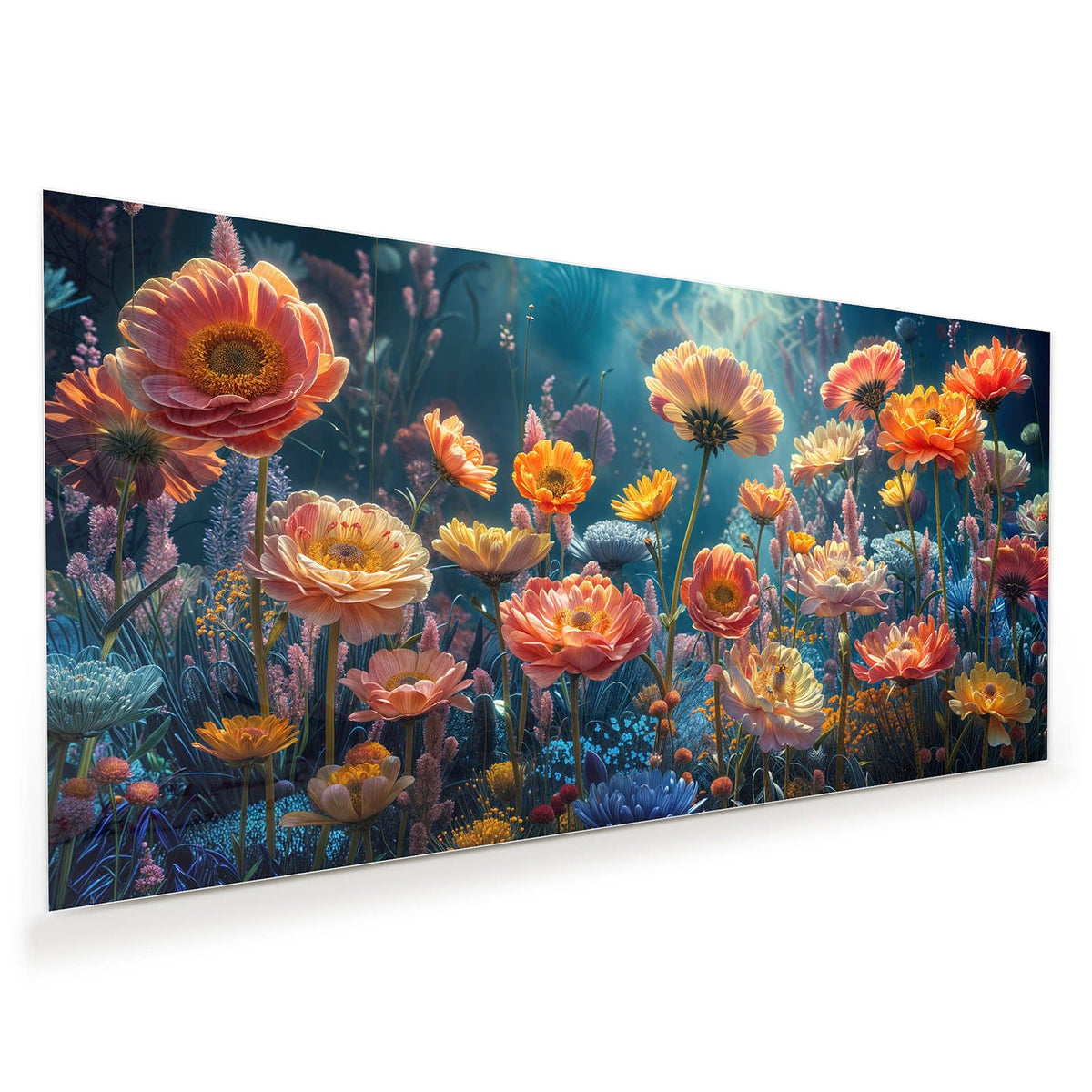 Dicht gemaltes Blumenbeet in Orange, Rosa, Gelb und Blau vor dunkelblauem Grund.