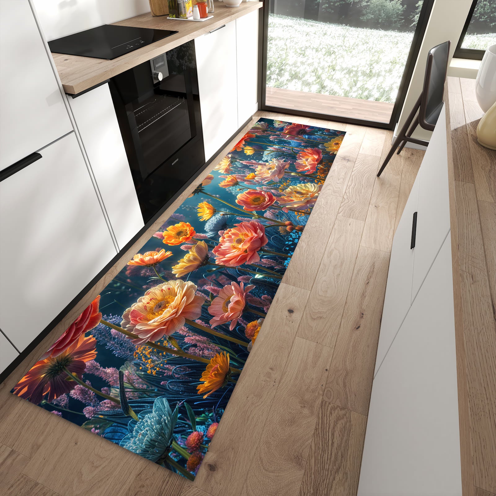 Pflegeleichter Küchenläufer mit Motiv Blumengarten in moderner Küche