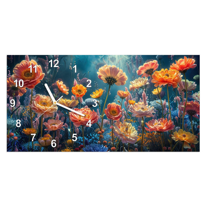 Wanduhr Blumengarten aus Glas – Querformat 60 × 30 cm mit Ziffernblatt Modern