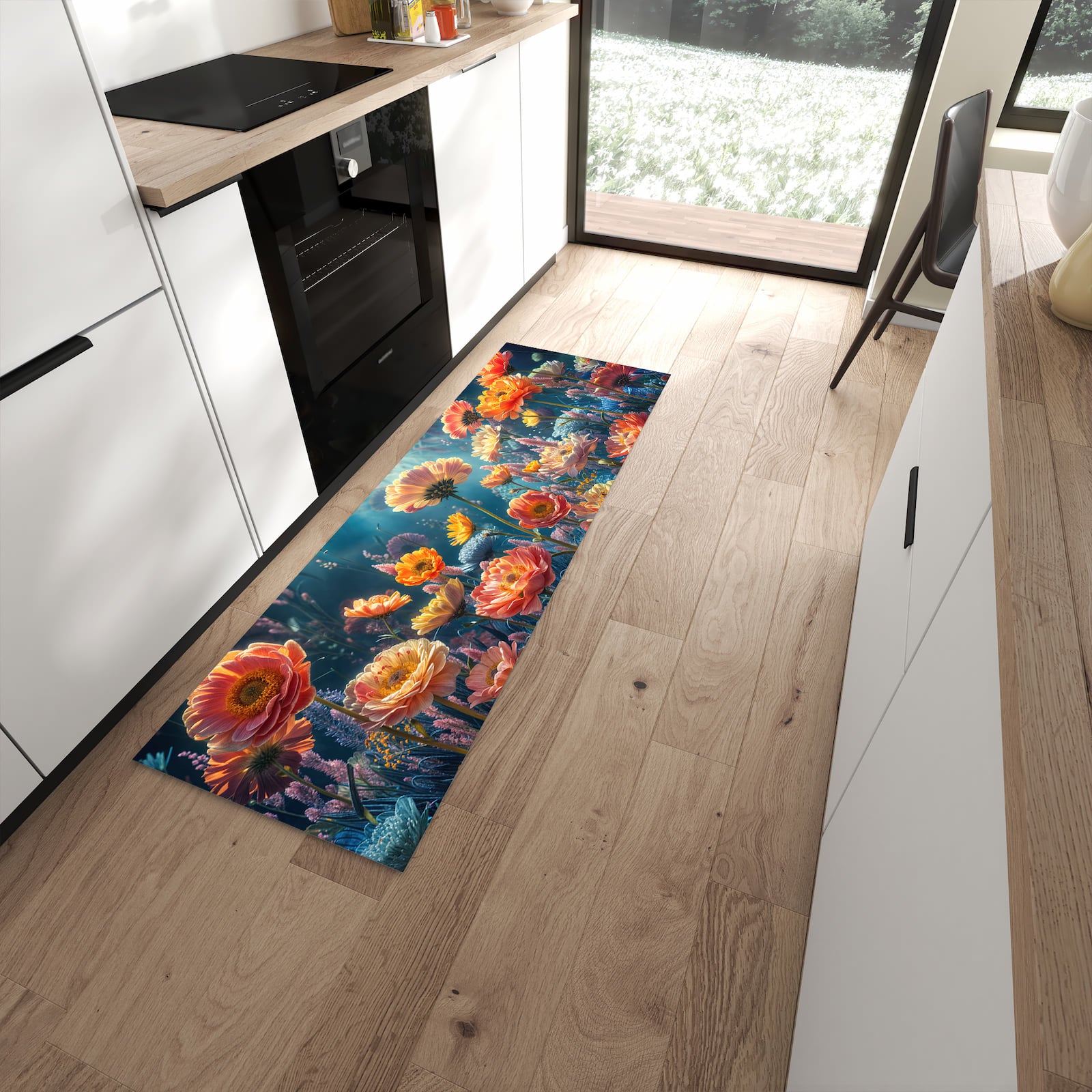 Schmutzabweisender Küchenteppich mit Motiv Blumengarten in moderner Küche