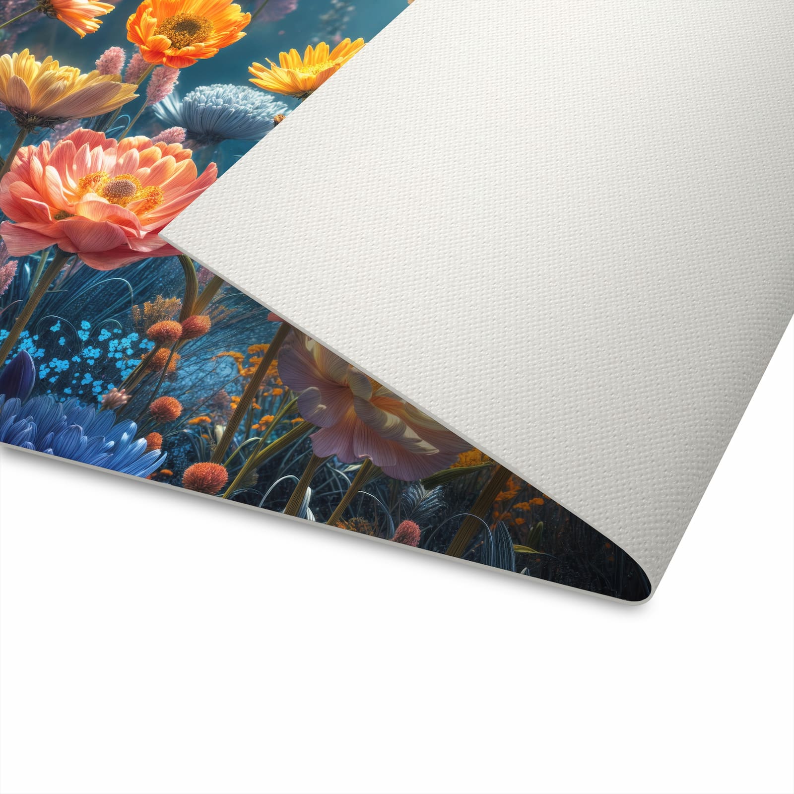 Komfortabler Teppich in Küche mit Motiv Blumengarten in der Unterseite