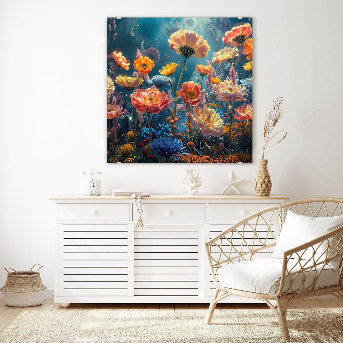 Glasbild Bunte Blütenwiese an der Wand – Dicht gemaltes Blumenbeet in Orange, Rosa, Gelb und Blau vor dunkelblauem Grund.