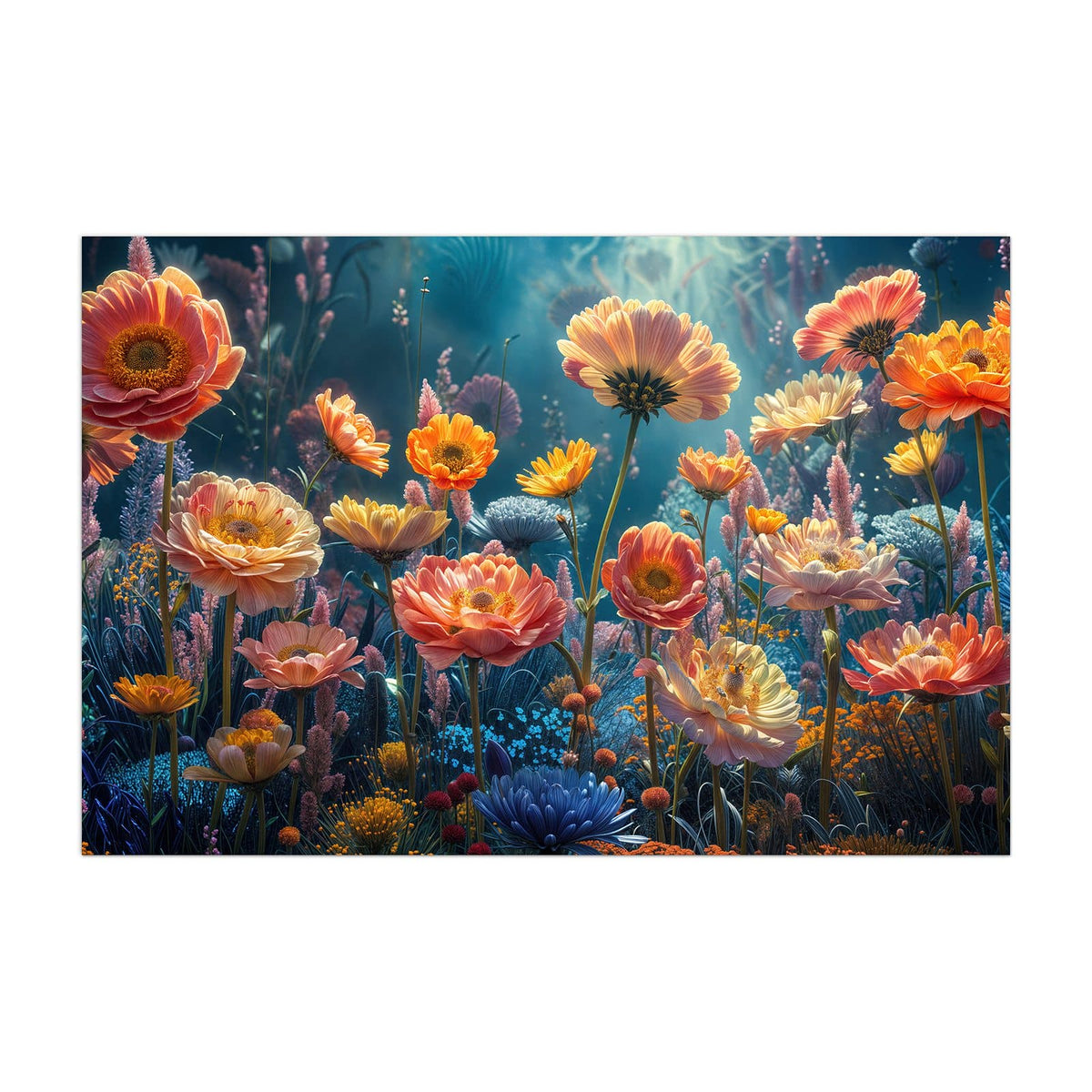 Küchenrückwand aus Glas Bunte Blütenwiese im Hochformat, Motiv bildfüllend von vorn