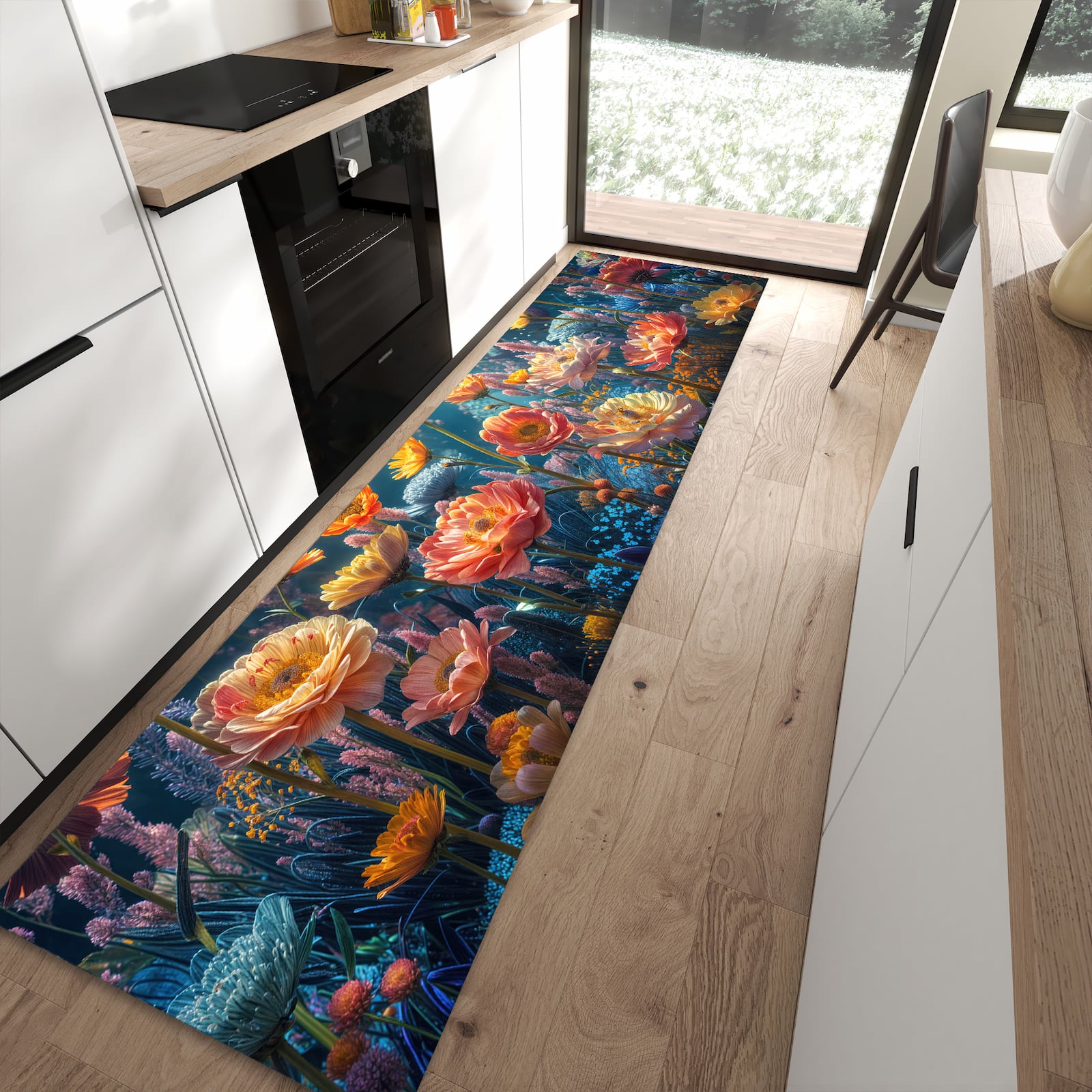 Küchenteppich mit Motiv Blumengarten für angenehme Haptik in moderner Küche