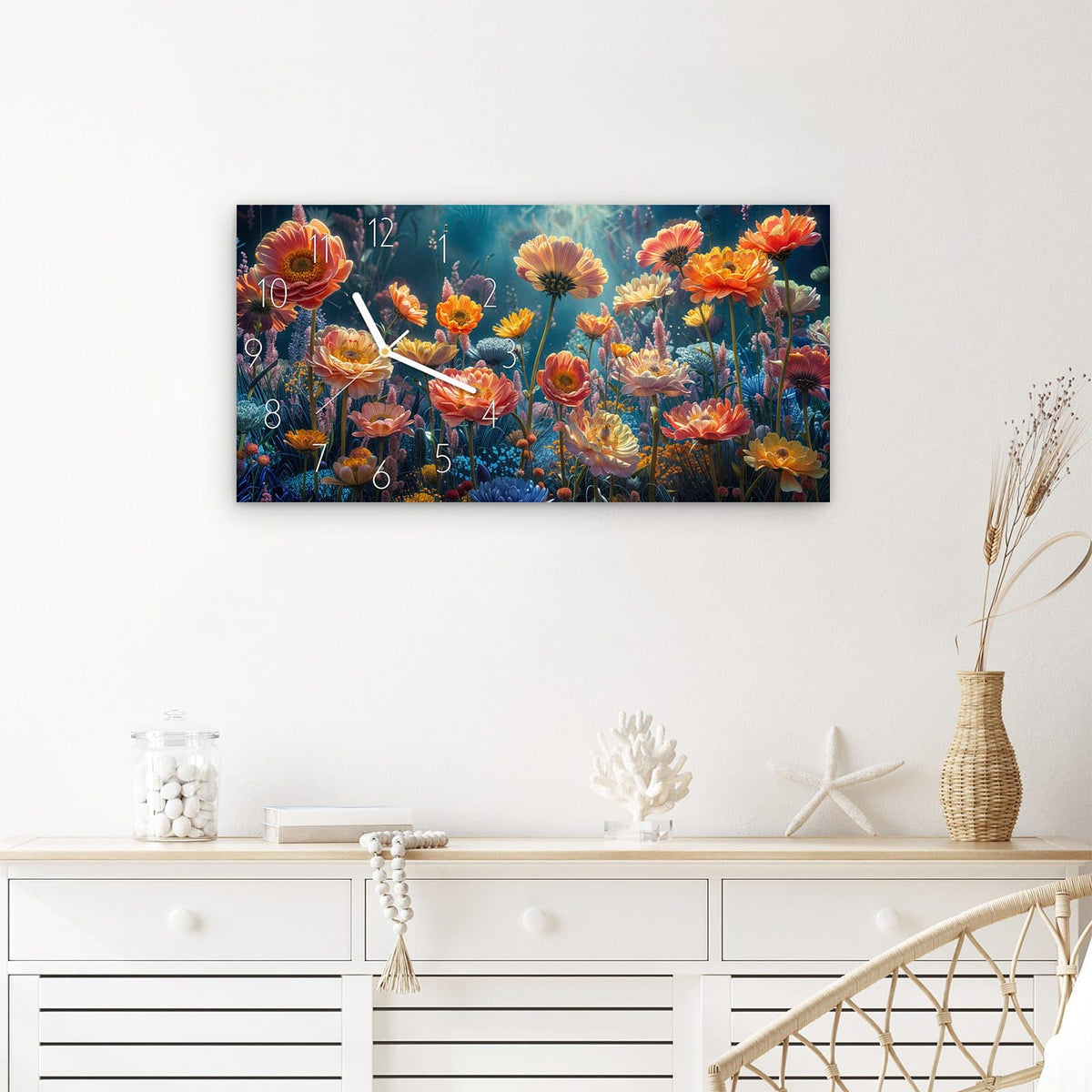 Wanduhr Blumengarten aus Glas – Querformat 60 × 30 cm – Blüten in Orange, Rosa und Gelb