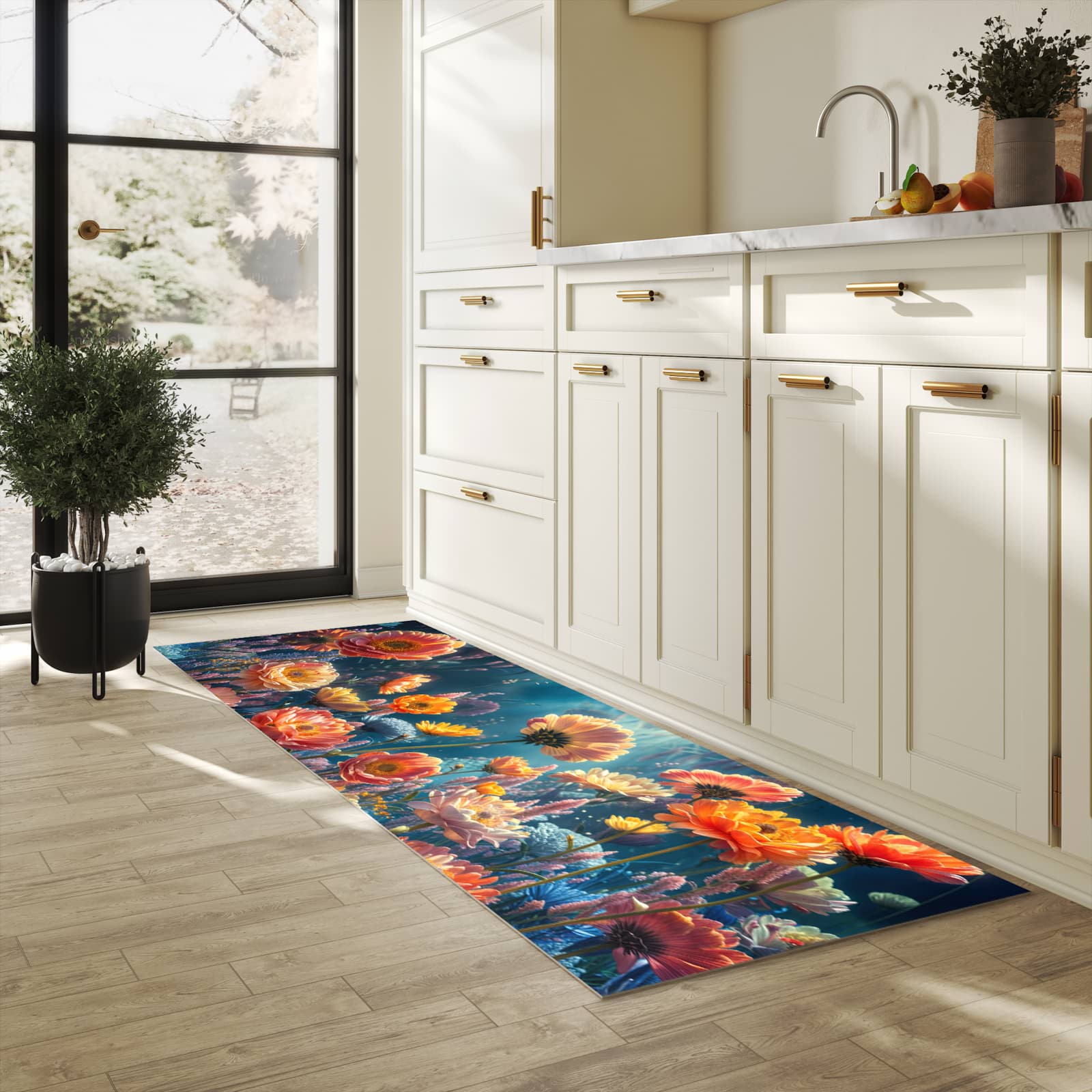 Abriebfester Läufer für die Küche mit Motiv Blumengarten in heller Küche