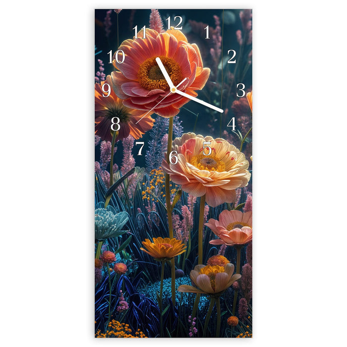 Wanduhr Blumengarten aus Glas – Hochformat 30 × 60 cm mit Ziffernblatt Klassisch