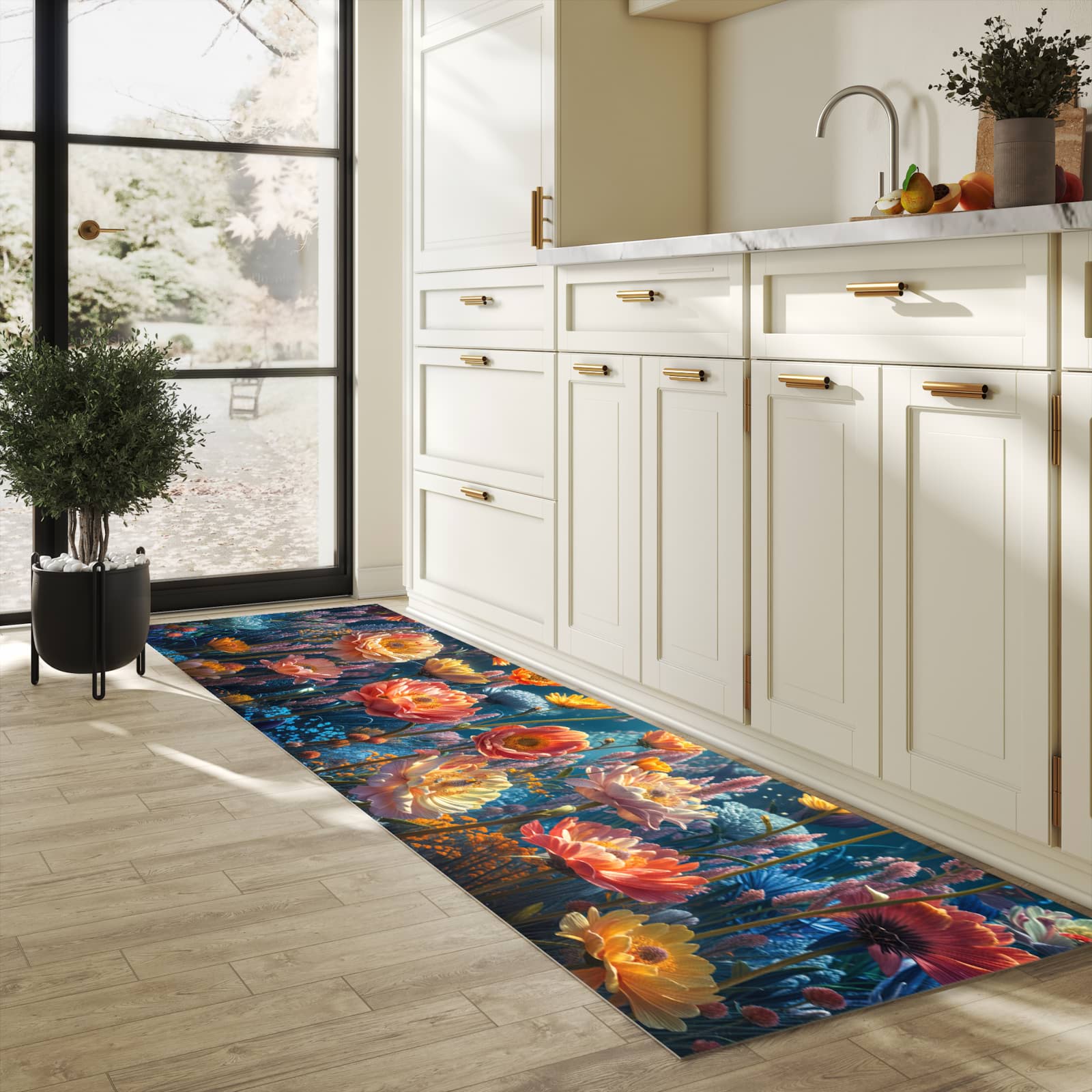 Küchenteppich mit Motiv Blumengarten für Trittkomfort in heller Küche