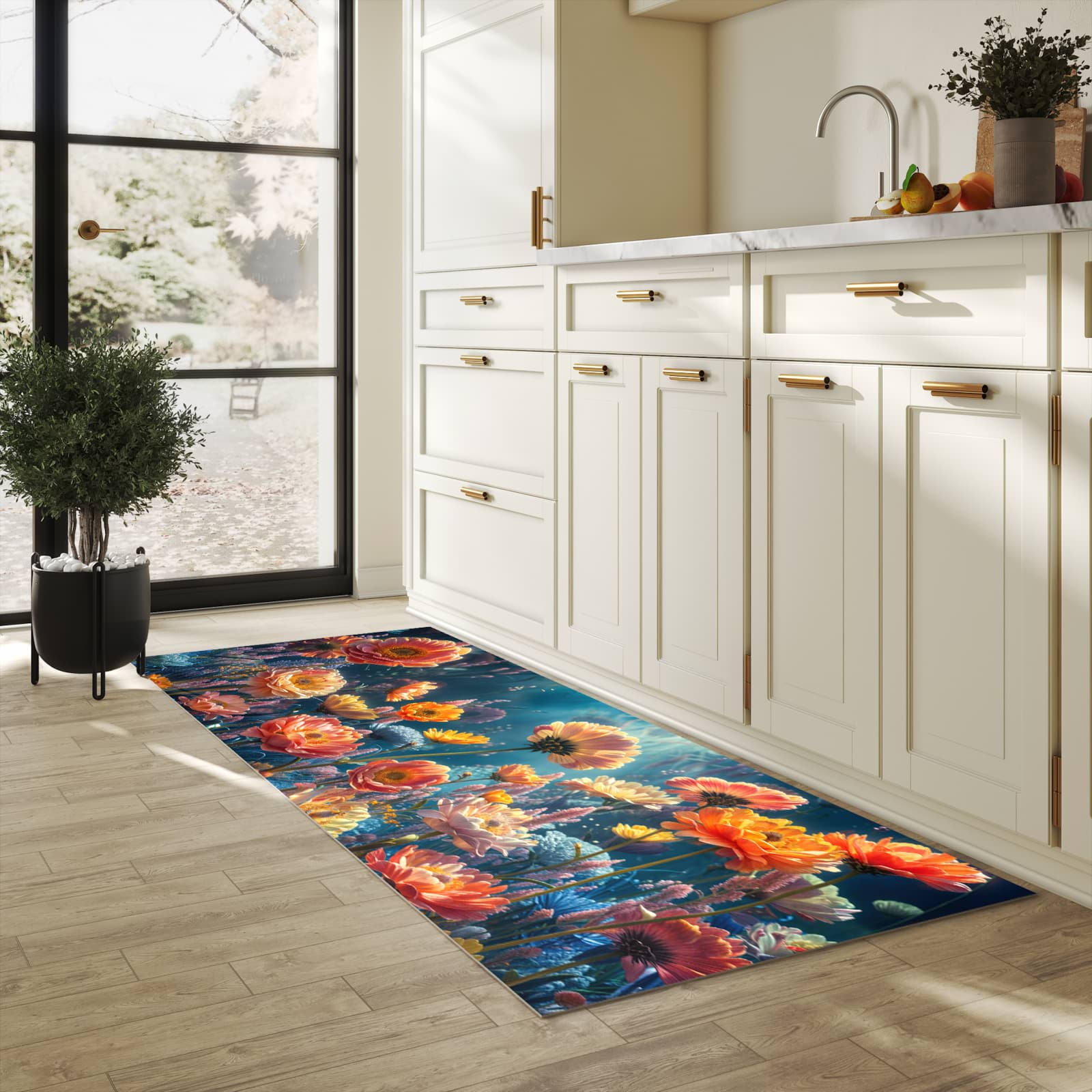 Fleckenresistenter waschbarer Teppich Küche mit Motiv Blumengarten in heller Küche