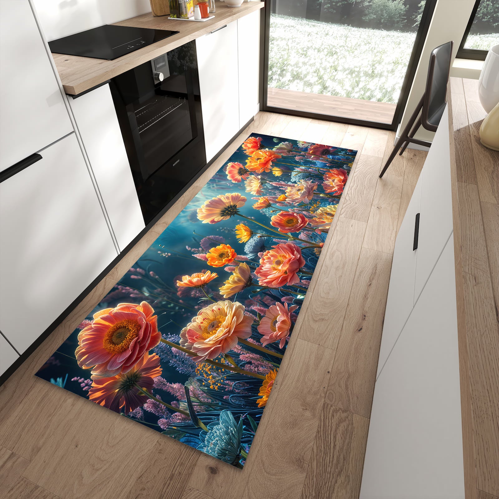 Strapazierfähiger Küchenvorleger mit Motiv Blumengarten in moderner Küche