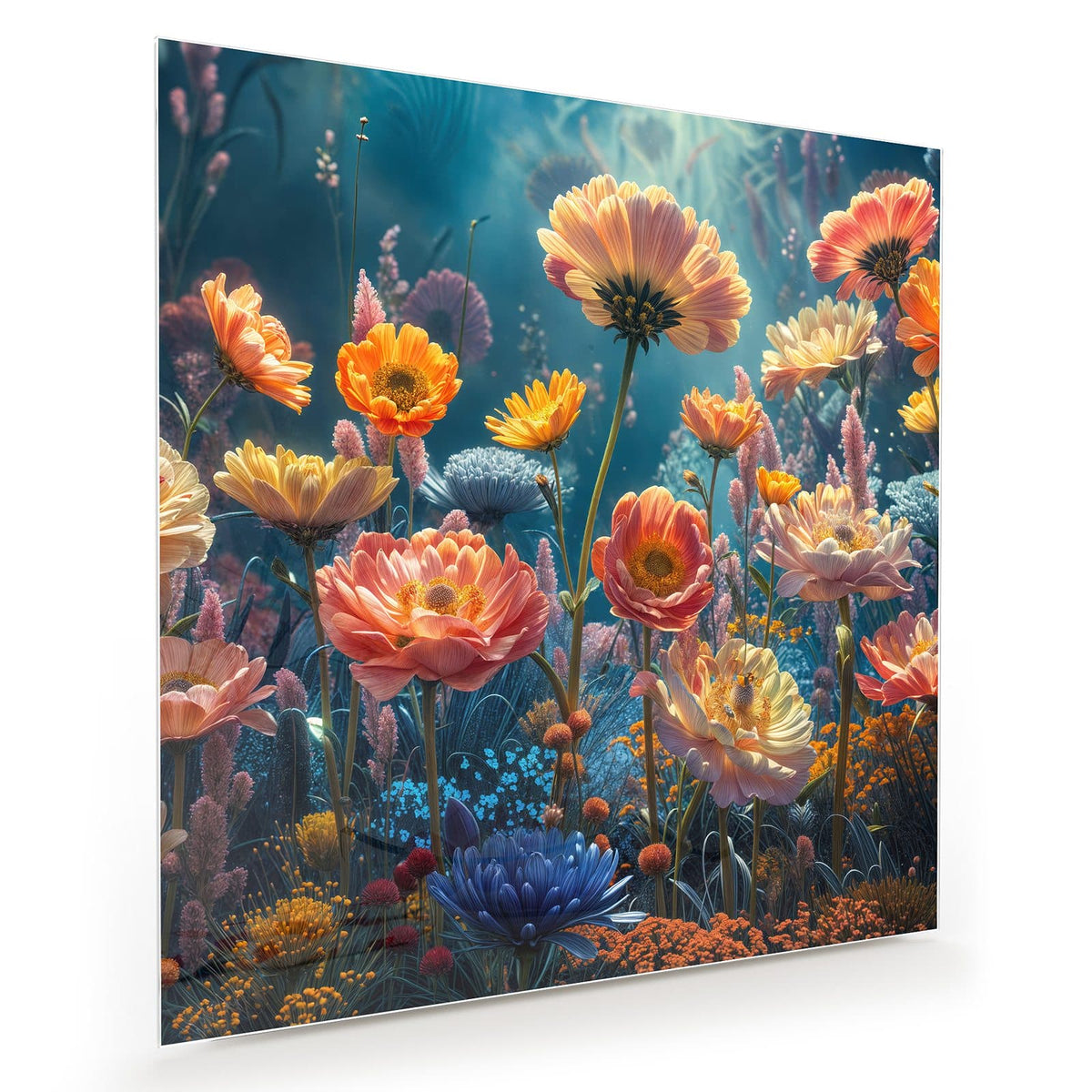 Dicht gemaltes Blumenbeet in Orange, Rosa, Gelb und Blau vor dunkelblauem Grund.