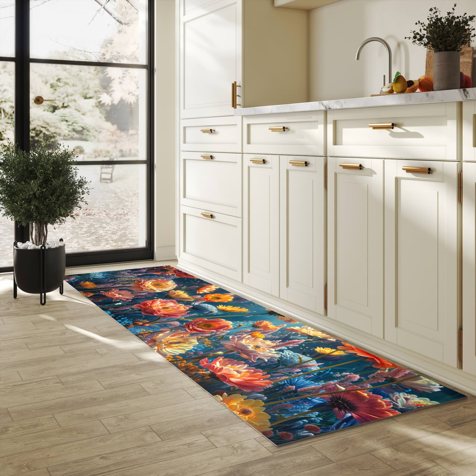 UV-beständiger Küchenläufer mit Motiv Blumengarten in heller Küche