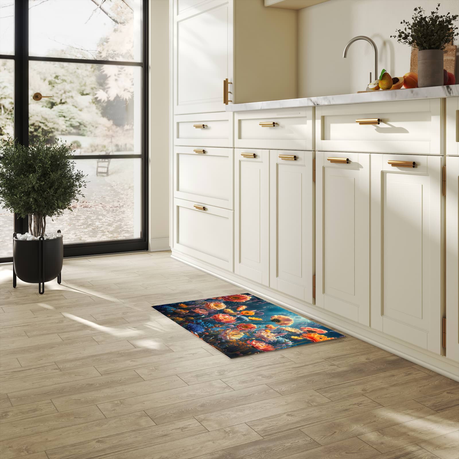 Langlebiger Küchenteppich mit Motiv Blumengarten in heller Küche