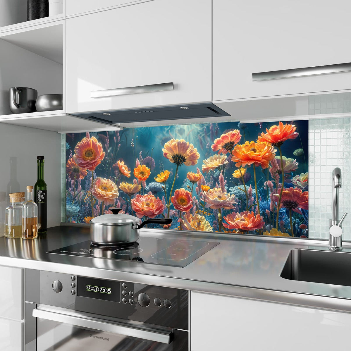 Küchenrückwand aus Glas Bunte Blütenwiese im Hochformat als Spritzschutz hinter dem Kochfeld, über dem Fliesenspiegel montiert