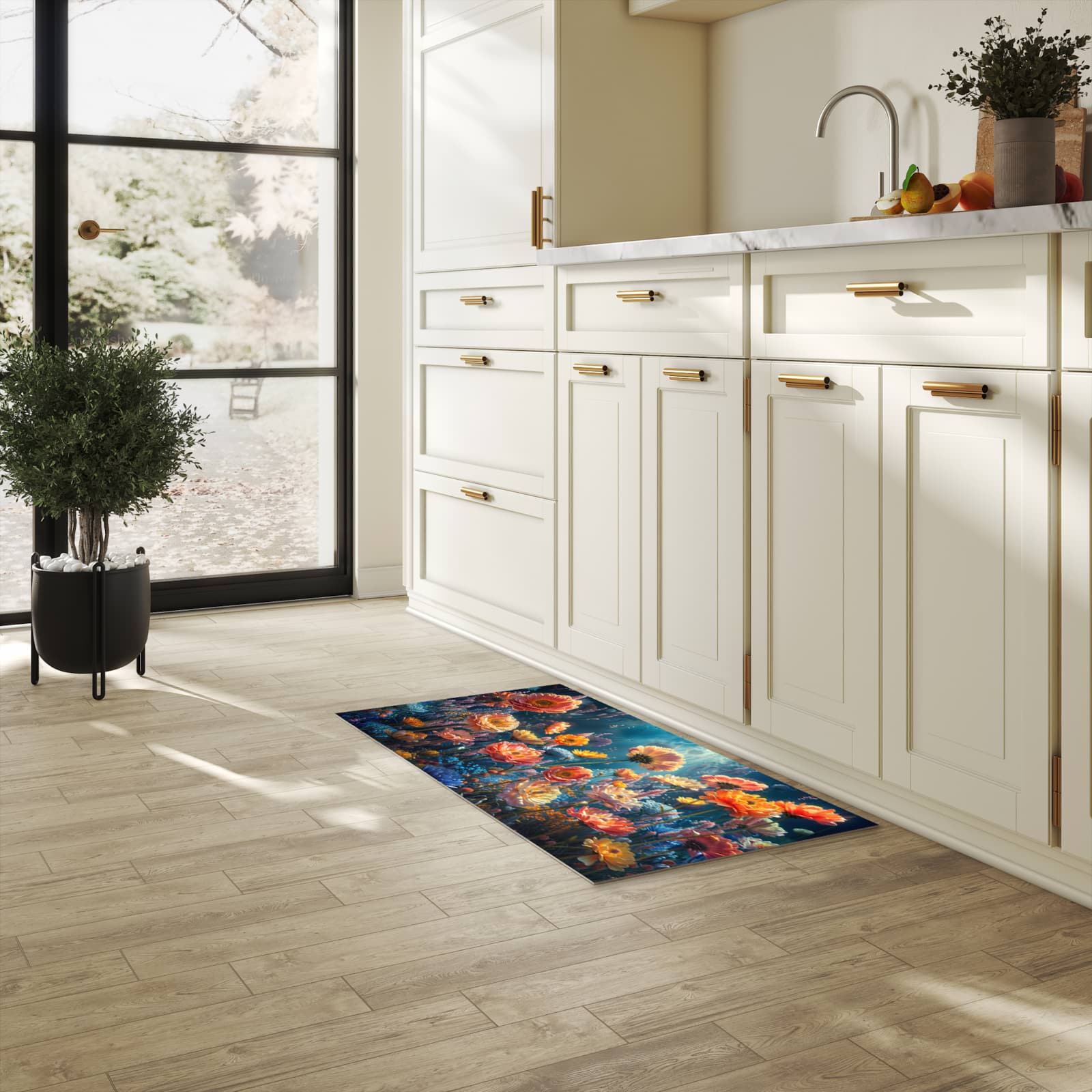 Rutschfester Küchenläufer mit Motiv Blumengarten in heller Küche