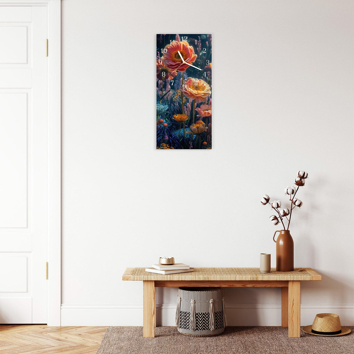 Moderne Wanduhr aus Glas mit Farbtiefe – Wanduhr Blumengarten aus Glas – Hochformat 30 × 60 cm