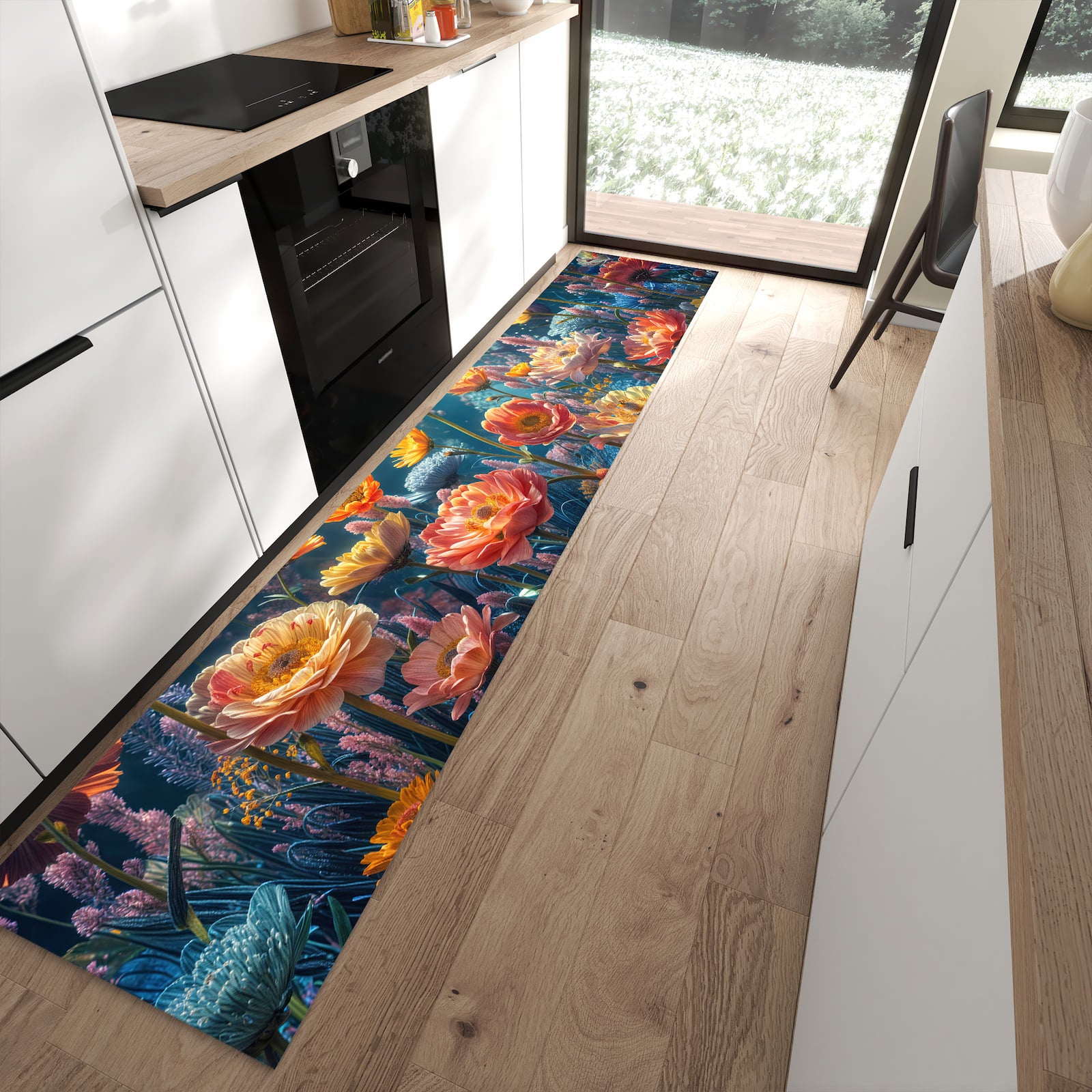 Flacher Küchenteppich mit Motiv Blumengarten in moderner Küche