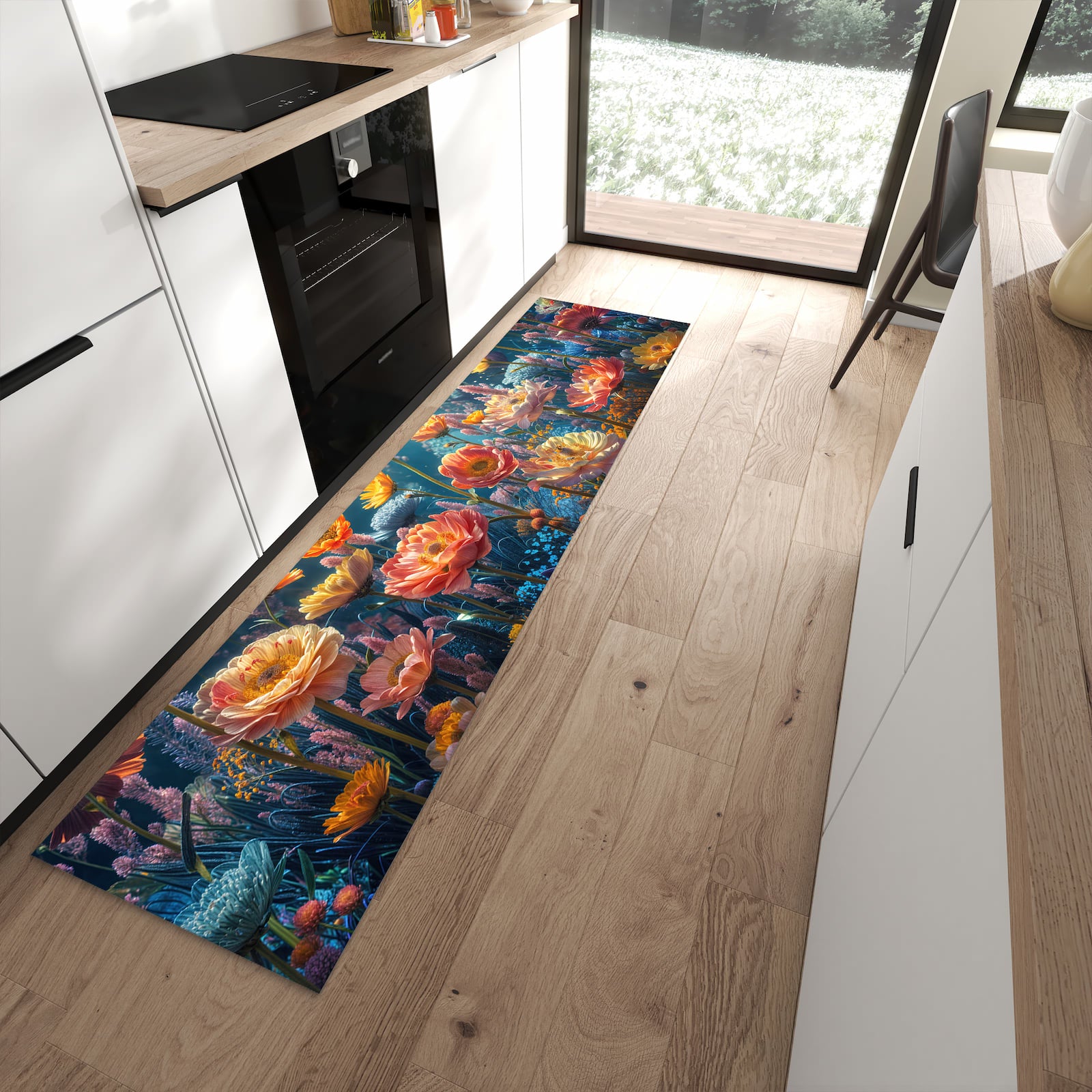 Geruchsneutraler Küchenteppich mit Motiv Blumengarten in moderner Küche