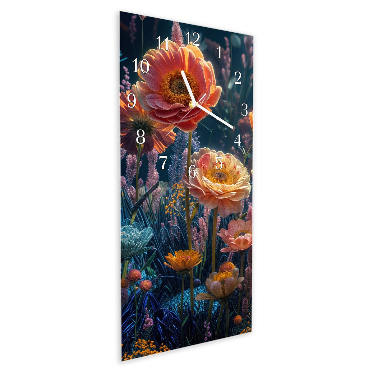 Vormontiert – mit Schwebeeffekt – Wanduhr Blumengarten aus Glas – Hochformat 30 × 60 cm