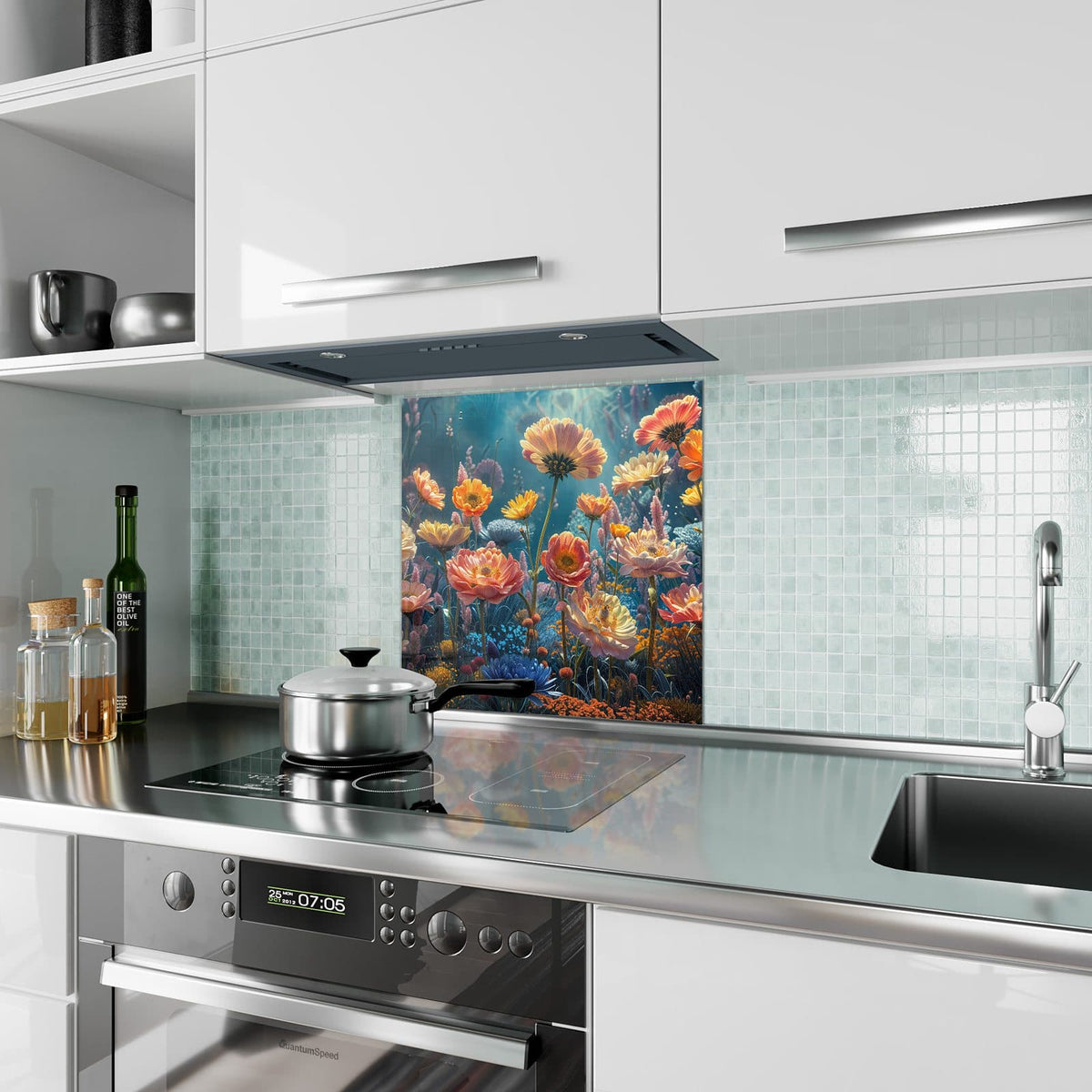 Küchenrückwand aus Glas Bunte Blütenwiese im quadratischen Format als Spritzschutz hinter dem Kochfeld, über dem Fliesenspiegel montiert