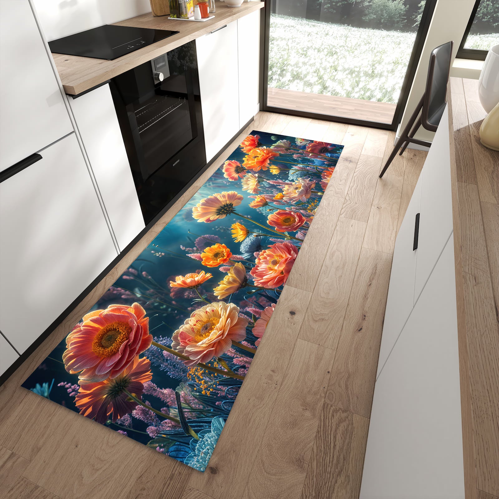 Rutschfester Küchenläufer mit Motiv Blumengarten in moderner Küche