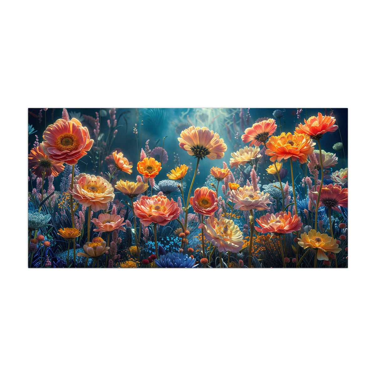 Küchenrückwand aus Glas Bunte Blütenwiese im Hochformat, Motiv bildfüllend von vorn