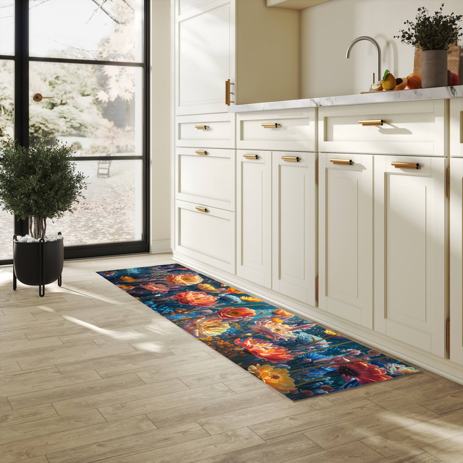 Hygienischer Küchenteppich mit Motiv Blumengarten in heller Küche