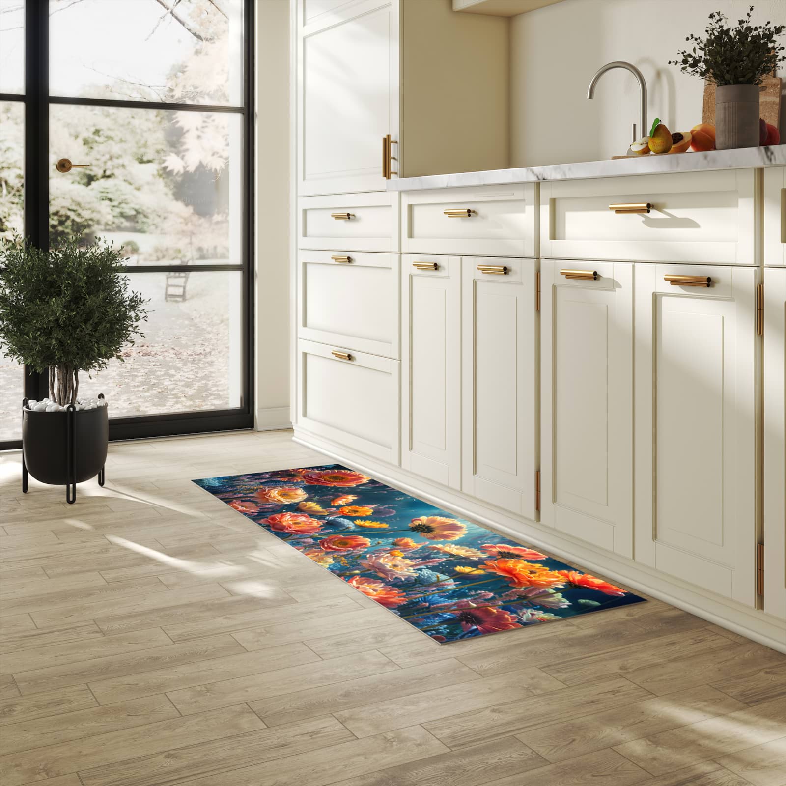 Küchenteppich mit Motiv Blumengarten für angenehme Haptik in heller Küche