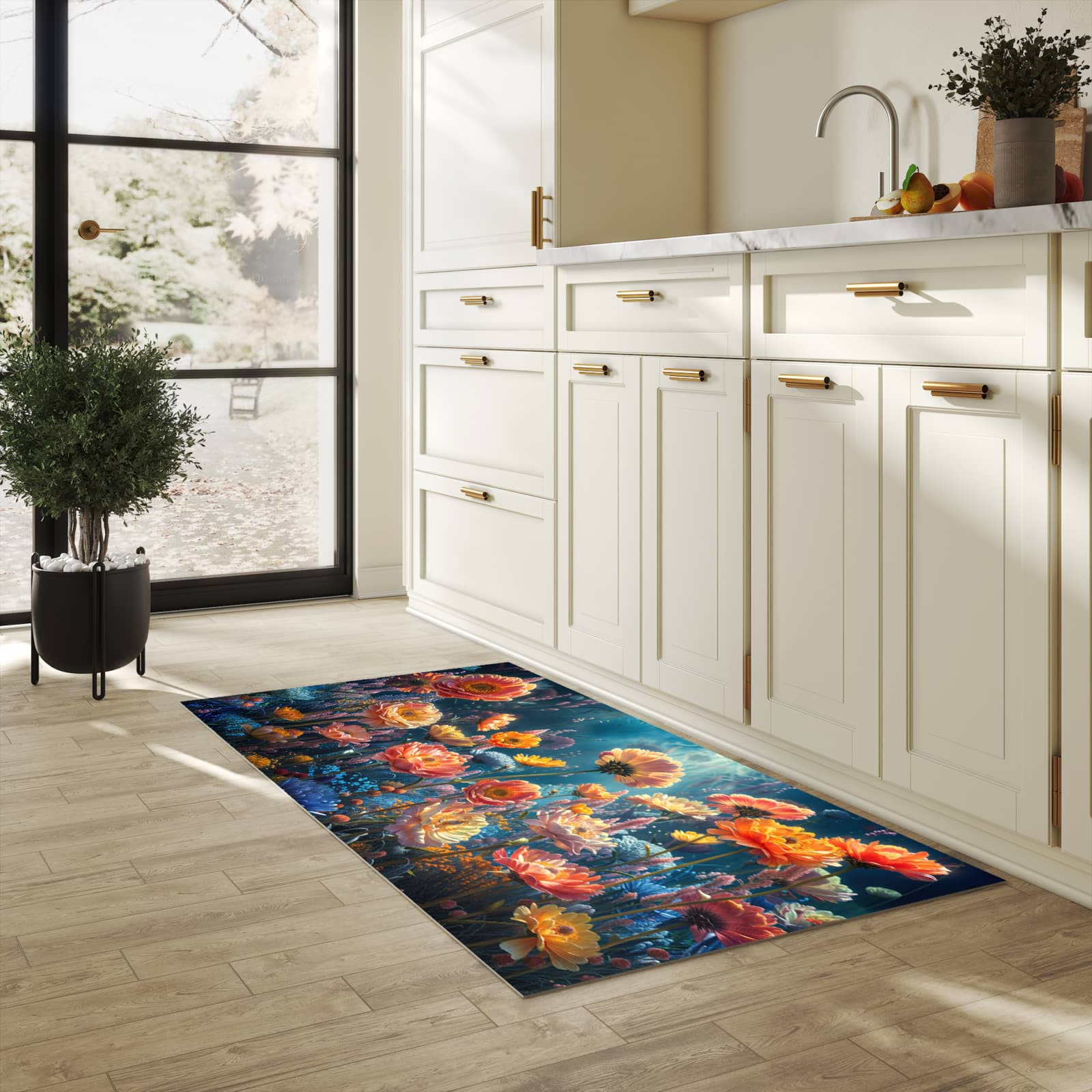 Wasserabweisender Küchenvorleger mit Motiv Blumengarten in heller Küche