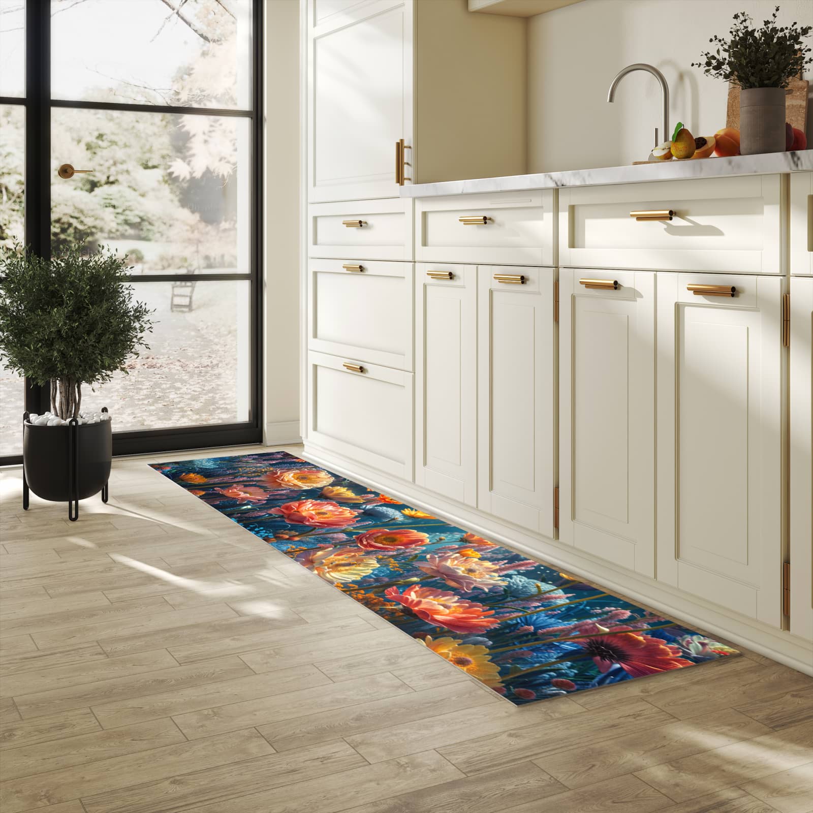 Strapazierfähiger Küchenteppich mit Motiv Blumengarten in heller Küche