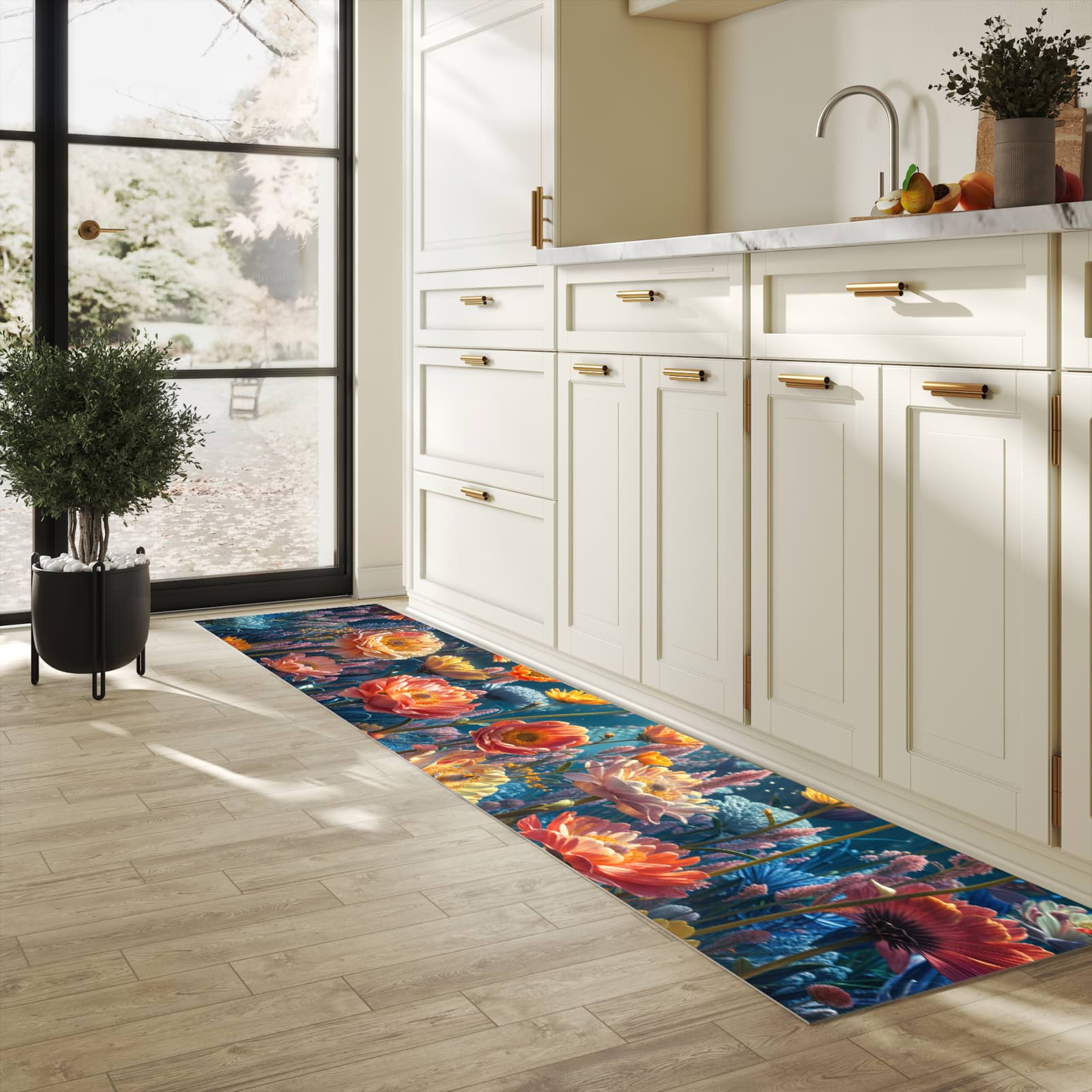 Waschbarer Küchenteppich mit Motiv Blumengarten in heller Küche