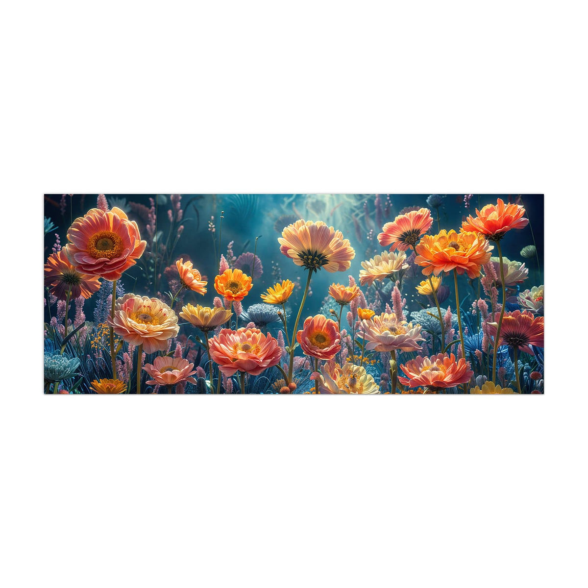 Küchenrückwand aus Glas Bunte Blütenwiese im Hochformat, Motiv bildfüllend von vorn